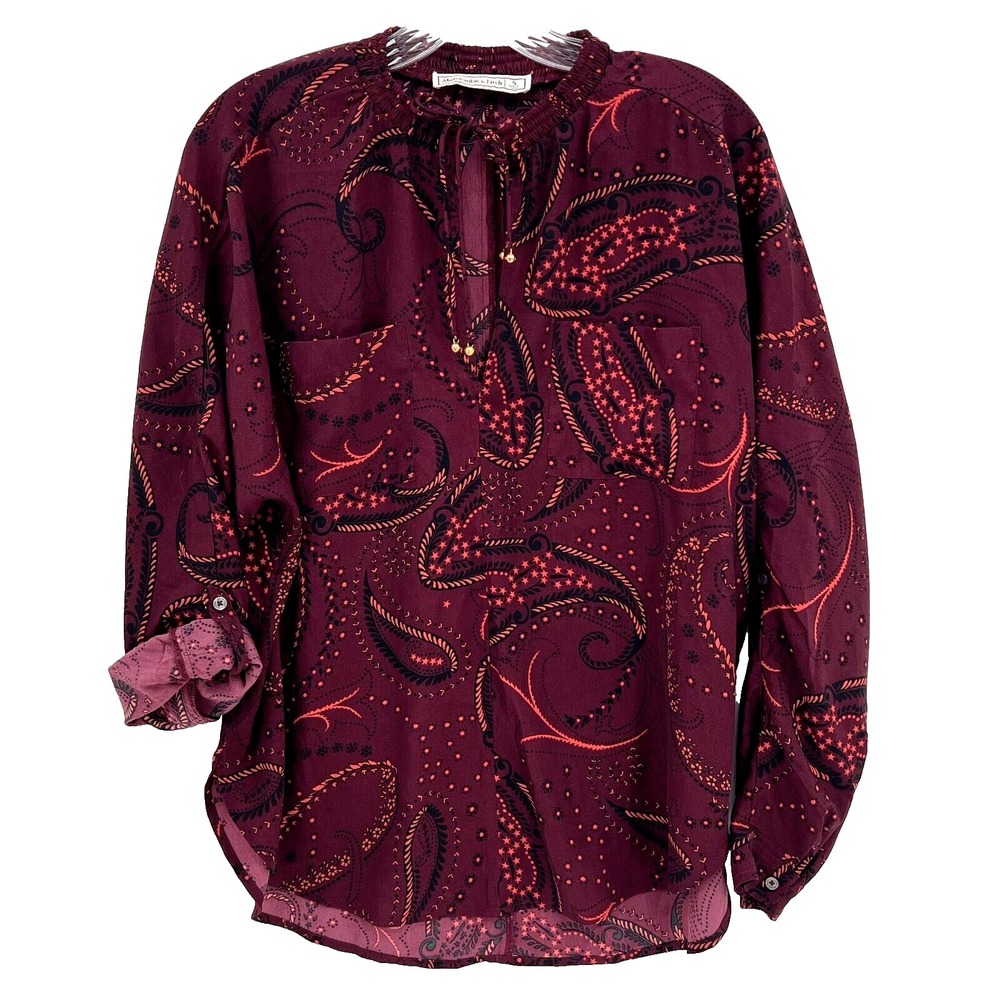 ABERCROMBIE & FITCH Women's Sz S Burgundy Paisley Roll-Tab Sleeve Tie-Neck Tunic